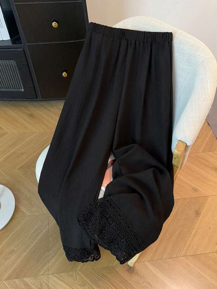 GlowEve CURVE 黑色蕾丝边饰，百搭阔腿裤。 - 黑色 - 查看 1