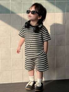 DAZY Baby Boy Round Neck Short Sleeve Casual T-Shirt And Shorts Set Summer Toddler - Black - View 3