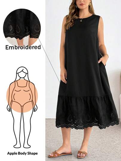 Shapeblank 大码女装春夏时尚休闲宽松舒适日常百搭显瘦刺绣拼接黑色无袖中长连衣裙，带口袋，夏季服装，度假装，简约风格，欧式夏季