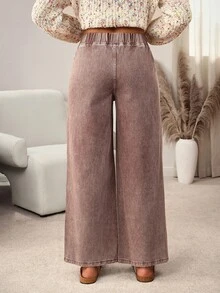 SHEIN Tall Jeans de pierna ancha de uso diario versátil y casual con cintura elástica para mujer - Marrón - Ver 2