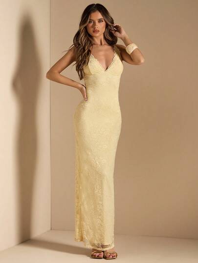 SHEIN BAE Women's Solid Yellow Lace Deep V Neck Bodycon Sheath Dress With Back Slit, Elegant And Sexy, Suitable For Party, Vacation, Banquet, Wedding, Night Out, Romantic Date