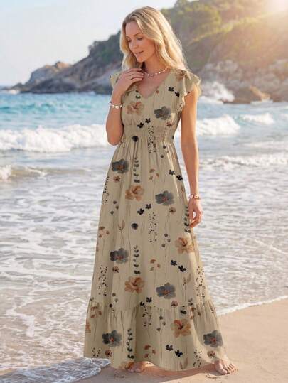 Sylviya 褶皱盖袖腰部褶皱下摆 A 字形连衣裙，复古豹纹休闲度假优雅女士长裙，适合春夏季，女士太阳裙，波西米亚风格服装，女士夏季连衣裙