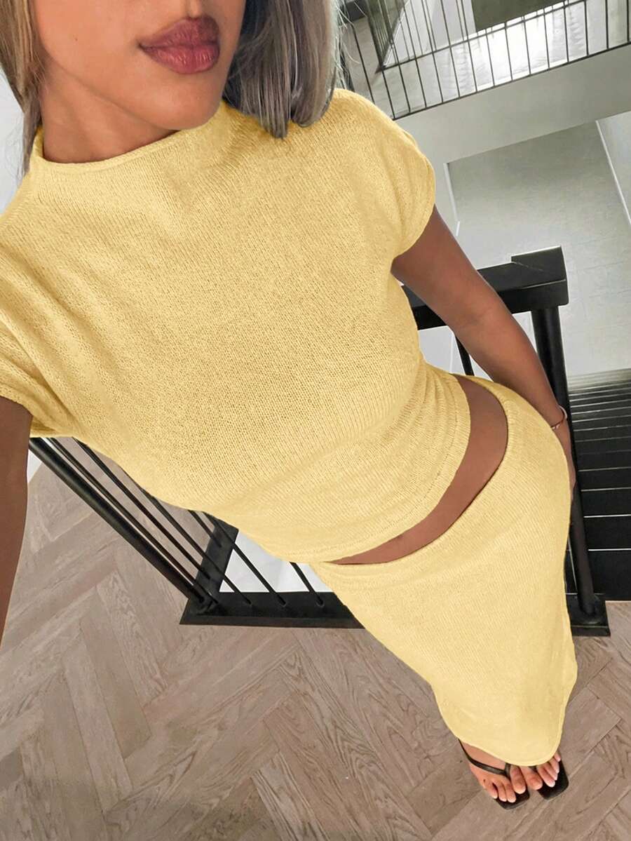Siren Gaze Women's Solid Color Mandarin Collar Cap Sleeve T-Shirt And Long Fitted Midi Skirt 2 Pieces Set Yellow Two Piece Set Two Piece Set Women Comfy Two Piece Set Women Short Sleeve Yellow Sets For Women Comfortable Two Piece Set - Light Yellow - View 1