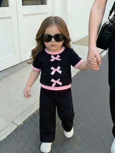 LMoss Kids Baby Girl Black Contrast Color Bow Decor Short Sleeve T-Shirt And Pants Set, Fashionable Casual