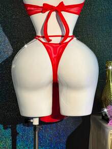 MidnightGlam 3pcs Women's Solid Color Sheer Mesh Backless Tie-Front Sexy Lingerie Set - Red - View 10