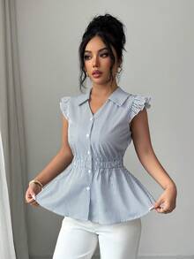 Elenzga Blusa de mujer con diseño de cuello a rayas, mangas cortas, cintura ceñida y botones. Elegante para uso diario, vacaciones, salidas y fiestas, primavera/verano - Multicolor - Ver 5