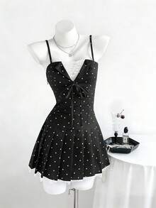 Elamini 女士波点印花前系带休闲连衣裙 - 黑色 - 查看 3