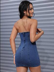 SHEIN EZwear 女士簡約純色牛仔裙，無袖式 - 藏蓝色 - 查看 2