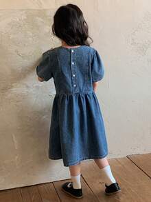 DAZY 女童圆领泡泡袖牛仔连衣裙 - 藍色 - 查看 6