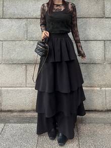 FRIFUL Women's Round Neck Lace Fabric Fitted Flare Sleeve Solid Color Casual T-Shirt - Black - View 3