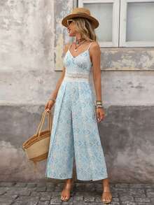 Brillora Women's White And Blue Floral Print Contrast Lace Wide Leg Jumpsuit,Summer Boho Vacation Holiday Beach Outfit,Casual Spring Style Jumpsuit - Blue and White - View 10