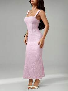 SHEIN PETITE New Summer Women's Sexy S-Shaped Lace Long-Sleeved Bra With Fishtail Straps And A Pink Bodycon Dress For Parties, Dates, And Evenings. - Pink - View 3