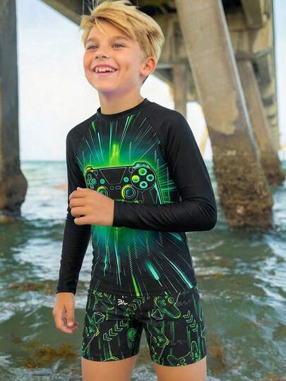 SHEIN Bộ đồ bơi hai mảnh kiểu tankini in hình trò chơi điện tử phát sáng trong bóng tối dành cho bé trai tuổi teen, thích hợp cho kỳ nghỉ biển mùa xuân/hè.