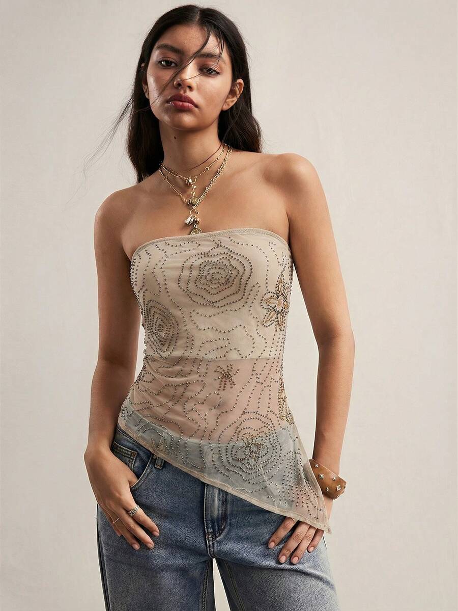 Easelle 女士不对称网纱刺绣吊带背心，杏色亮片装饰，派对装，Y2K复古风，夏季 - 杏色 - 查看 1