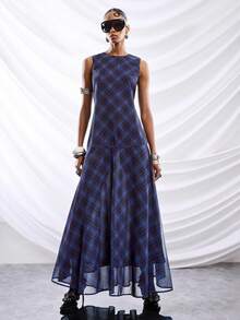 LYSMO 2026 New Arrive Minimalism Spring/Summer Women's Round Neck Plaid Pleated Elegant Waist Cinched Long Dress, Suitable For Dates And Outings,Plain/Casual - Multicolor - View 3