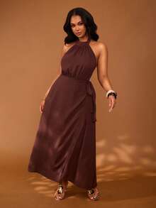 Veslaya Damen-Midi-Wickelkleid in Große Größen, schokoladenbraun, elegant für den Sommer, mit Stehkragen, ärmellos und Bindegürtel, Hochzeitsgast-Party-Bankett-Urlaubskleid - Braun - Übersicht 4