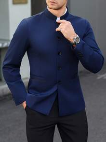 Manfinity Mode 男士休闲日常绅士简约单排扣西装外套，适合正式场合 - 藏蓝色 - 查看 6