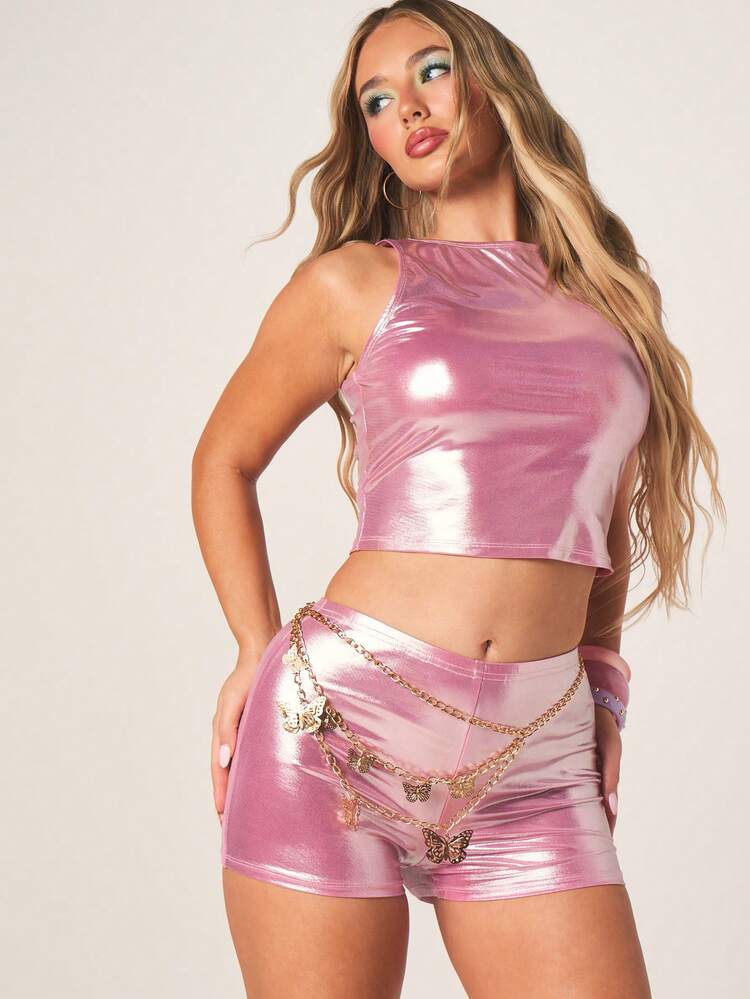 MISSGUIDED Conjunto de Cropped e Shorts Curtos Metalizado Rosa Brilhante, Conjunto de Festa e Festival