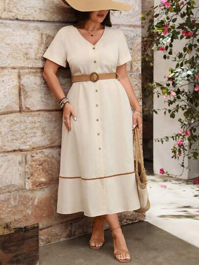 SHEIN Elenzya 法式复古V领短袖中长连衣裙，撞色条纹配腰带，亚麻风格，大码