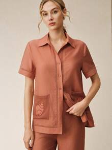 Anewsta 新款夏季度假套装，蕾丝镂空宽松衬衫搭配舒适侧镂空阔腿裤，时尚女士休闲套装 - 珊瑚橙 - 查看 7