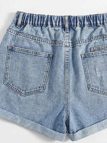 Breezaya Quần short denim nữ cỡ lớn, rách, có túi, kiểu dáng thường ngày, đa năng. - Màu xanh lam - Xem 3