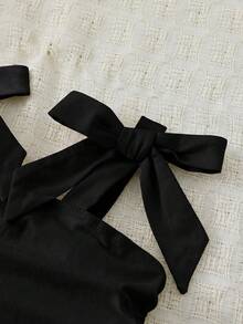 年轻女孩优雅纯色修身甜美蝴蝶结系带肩侧褶皱吊带背心，母女及姐妹装 - 黑色 - 查看 4