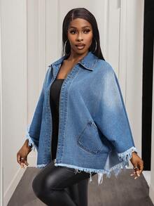 Slaydiva 女士毛边下摆蝙蝠袖宽松拉链休闲牛仔外套 - 黑色 - 查看 3