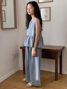 DAZY Conjunto de top de tirantes de mezclilla con volantes en el bajo y pantalones de mezclilla para niña preadolescente de verano informal de unicolor - Azul - Ver 3