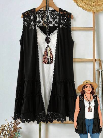 EMERY ROSE Plus Size Women Lace Patchwork Open Front Sleeveless Jacket,Summer Dresses For Women,Spring Outfit Women ,Vacation Outfits Women,Women's Spring Jacket,