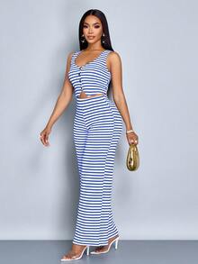 SOLERSUN 女士条纹无袖V领前开襟背心和裤子套装 - 寶藍色 - 查看 3