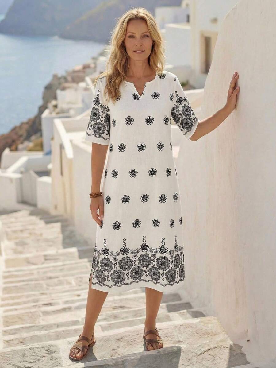 EMERY ROSE 女士印花V领中长款度假连衣裙，夏季 - 彩色 - 查看 1