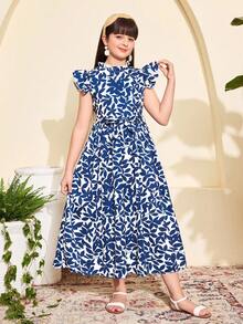 Sparklyn Tween Girls' Colorblock Print Flutter Sleeve Dress - Blue - View 5