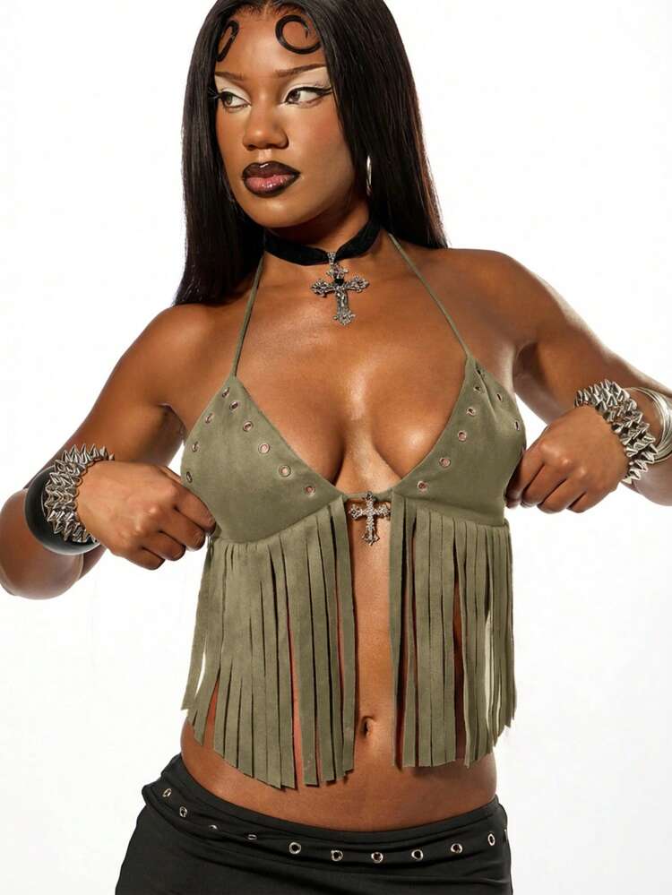 SUMWON WOMEN Faux Suede Halter Top With Fringe Detail And Eyelet Trim Cross Accent Boho Festival Style