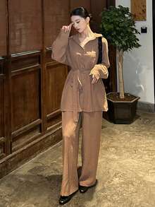 DAZY Women's Casual Solid Color Belt Shirt And Wide Leg Pants 2 Pieces Set, Spring Lounge Sets For Women - Khaki - View 6