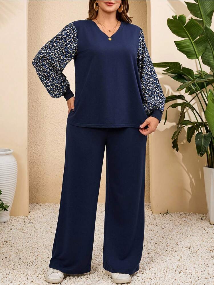 Plus Size Women Floral Print Patchwork Long Sleeve Top And Pants 2 Pieces Set With Pockets Versatile For Daily Use, Fashionable Commuting, Simple And Fashionable