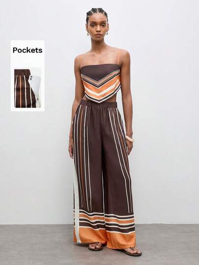 Maija Women's Striped Halter Backless Crop Top And Wide Leg Casual Vacation Pants Two Pieces Set For Women Spring/Summer Relaxing On The Beach Going Out Vacation Outfits Healing Commuting Style Comfy