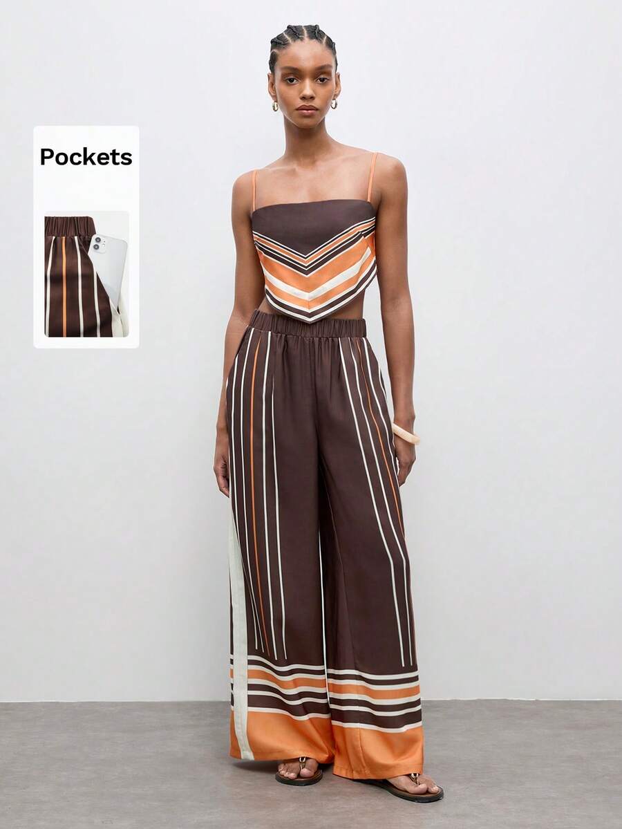 Maija Women's Striped Halter Backless Crop Top And Wide Leg Casual Vacation Pants Two Pieces Set For Women Spring/Summer Relaxing On The Beach Going Out Vacation Outfits Healing Commuting Style Comfy - Multicolor - View 1