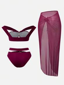 Swim Oasis 女士夏季沙滩纯色金属装饰时尚比基尼三角裤泳衣套装带裙子 - 酒紅色 - 查看 2