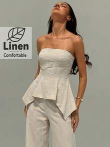 Aloruh Women's Apricot Strapless Ruffle Hem Crop Top And Skinny Pants, Spring/Summer Vacation Strapless Top And Pants Set Comfortable Two Piece Set Women Summer 2 Pieces Sets - Khaki - View 4