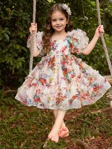 SHEIN 女童春夏新款刺绣泡泡袖公主裙 - 彩色 - 查看 4