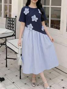 Teenage Girls' Navy Blue Summer Cute Round Neck Short Sleeve A-Line Patchwork Striped Cotton Dress,Handmade 3D Flower Decor,Party Prom School Wear - Blue - View 6