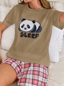 SHEIN Women Cotton 2 Pcs Cute Panda Pattern Short Sleeved Shirt&Plaid Pattern Short Homewear Comfort Pajama Set - Beige - View 5