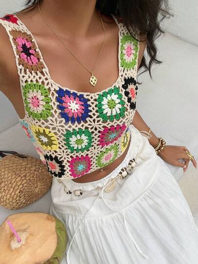Selianne 多色无袖方领钩编花卉拼接镂空纹理女式毛衣背心，春夏沙滩装