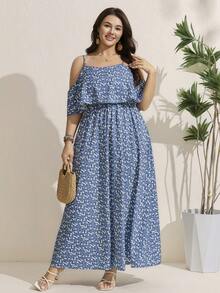 Comfylo Long Off-The-Shoulder Boho Dress With Flower Print For Plus-Size Women In Summer Vacation Outfits Dress - Multicolor - View 4