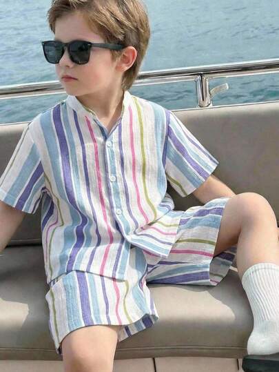 LMoss Kids 男童休闲舒适百搭条纹印花短袖衬衫和纯色短裤套装