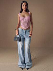 SHEIN BAE Áo croptop quây ren chéo gợi cảm, mùa hè, áo quấn, trang phục Halloween cho nữ, trang phục Halloween - Màu Hồng baby - Xem 3