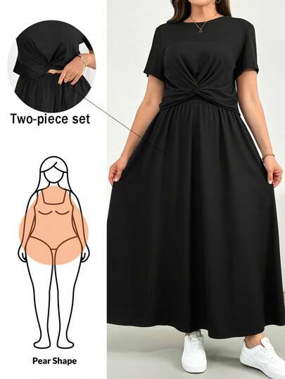 Shapeblank Plus-Size Women's Spring/Summer Fashion Casual Loose Comfortable Everyday Basic Versatile Slimming Black Crop Top And Black Long Skirt Two Pieces Set,Summer Outfits,Simple Style,Black Set