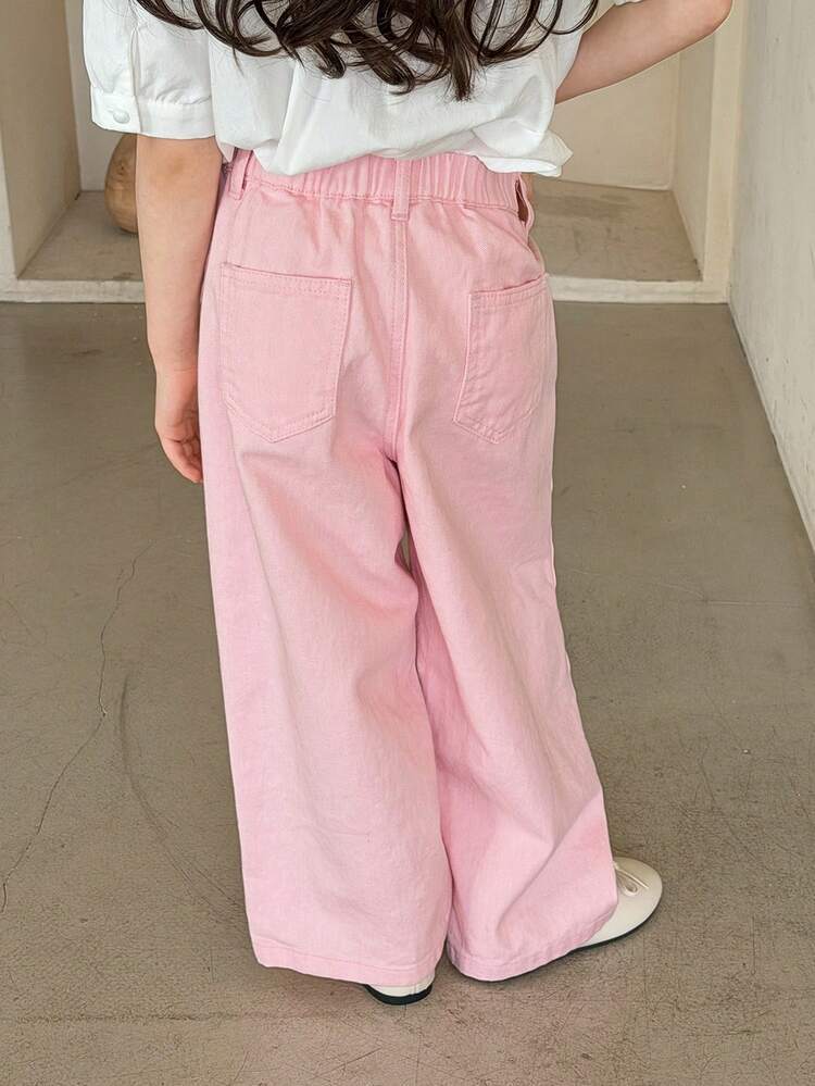 Young Girl Patchwork Plaid Pocket Wide Leg Loose Casual Jeans