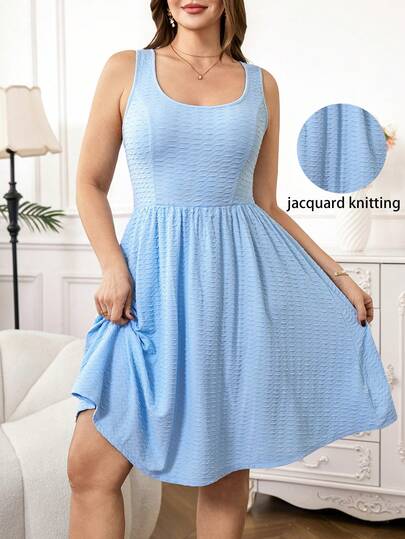 SHEIN Clasi Plus Size Women's Elegant Blue Textured Pattern Sleeveless A-Line Stretch Knit Dress,Blue Dress,Vacation Dress,Graceful Outfit, Suitable For Various Occasions, Can Be Worn Casually, Commuting,Traveling, Vacation, Bohemian,Summer,Spring,Summer Outfits ,Summer Clothes,Summer Holiday Outfits,Spring Outfit Women,Spring Clothing,Spring Women,Summer Dress,Spring Dress,Elegant Dresses For Women,Elegant Dress For Women,Elegant Dresses,Elegant Dresses For Party,Elegant Long Dress, Women Vacation Dress