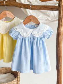 Vintaside Kids Đầm xếp ly dáng rộng kiểu cổ điển cho bé gái, cổ ren hoa ngọt ngào, khoét lỗ. - Màu xanh nhạt - Xem 4